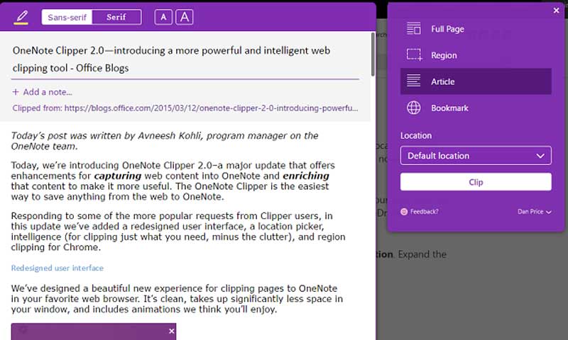 وان نوت نیز دارای ابزار وب‌کلیپر (Webclipper) است